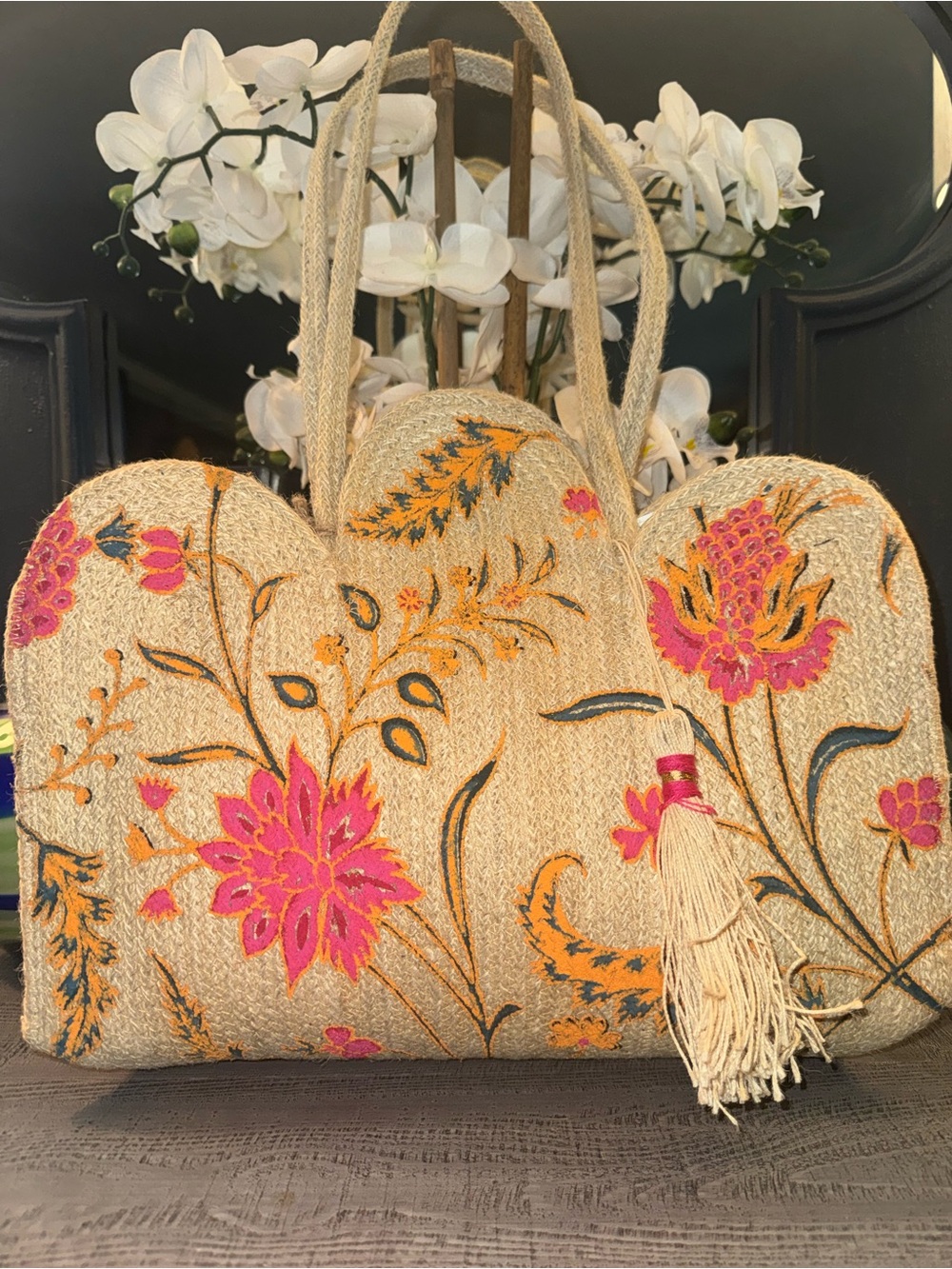 NWT Antik Kraft Embroidered Floral Straw Tote Bag in Natural w/Pink & Orange